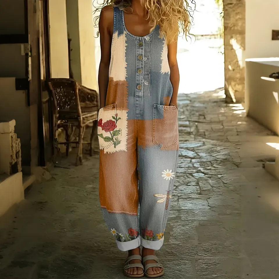 Peto casual de algodón y lino retro con estampado floral