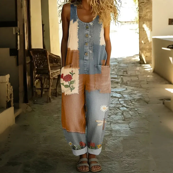 Jardineiras Casuais Retro em Algodão e Linho com Estampado Floral
