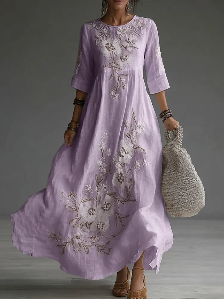 Vestido maxi de lino casual con bordado floral japonés