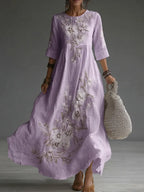 Vestido maxi de lino casual con bordado floral japonés