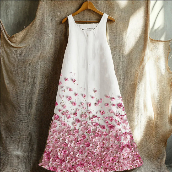 Vestido Largo Rosa Sin Mangas Con Estampado Floral Tridimensional