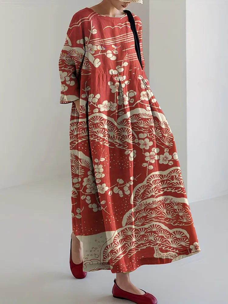 Vestido maxi de manga larga con estampado japonés de flor de ciruelo
