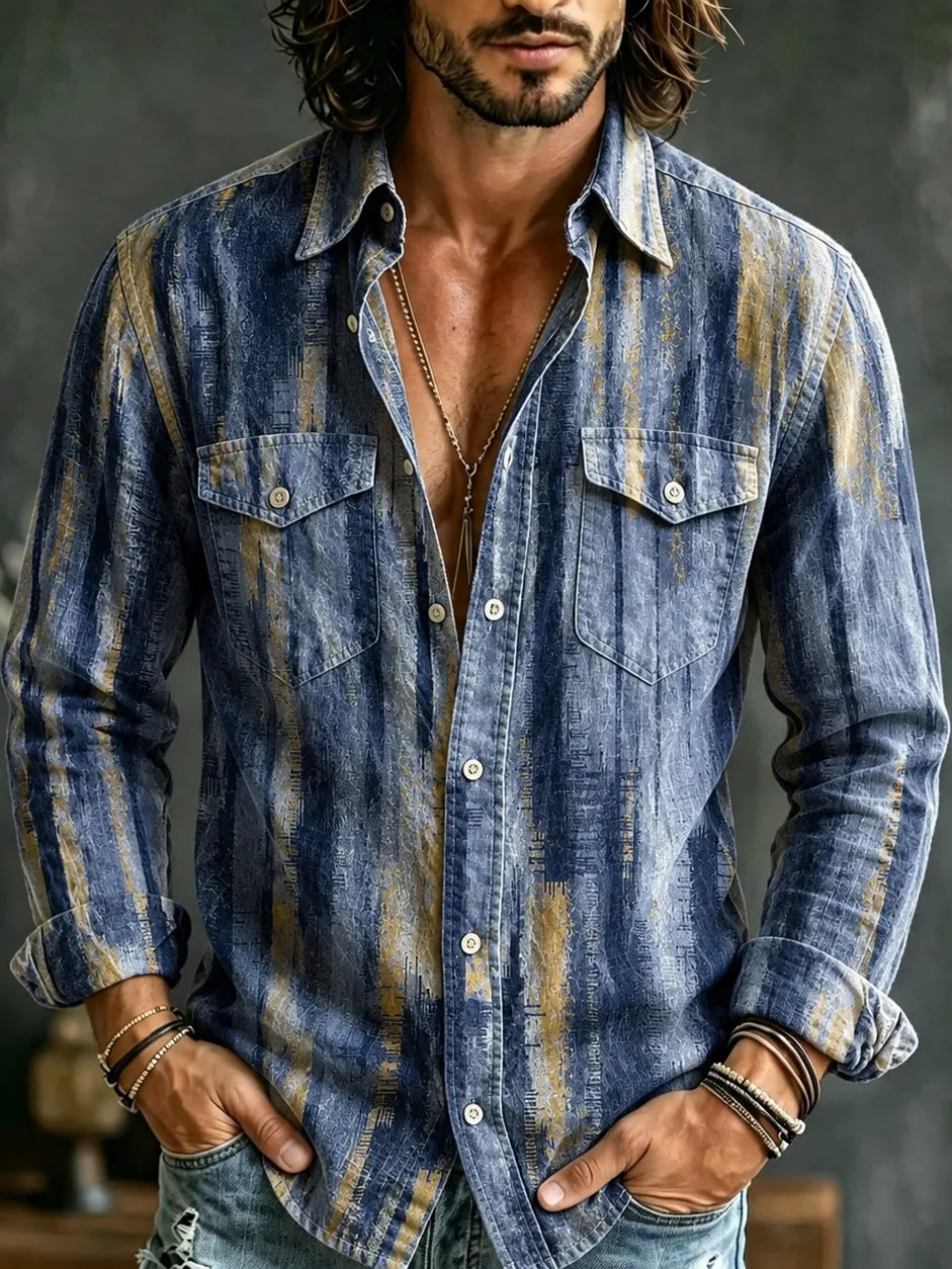 Camisa Homem Vintage Linho - Padrão Geométrico Arte Com Bolso Manga Comprida