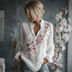 Camisa de lino de manga larga con bordado floral vintage para mujer