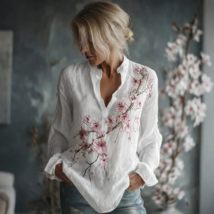 Camisa De Lino De Manga Larga Con Bordado Floral Vintage Para Mujer