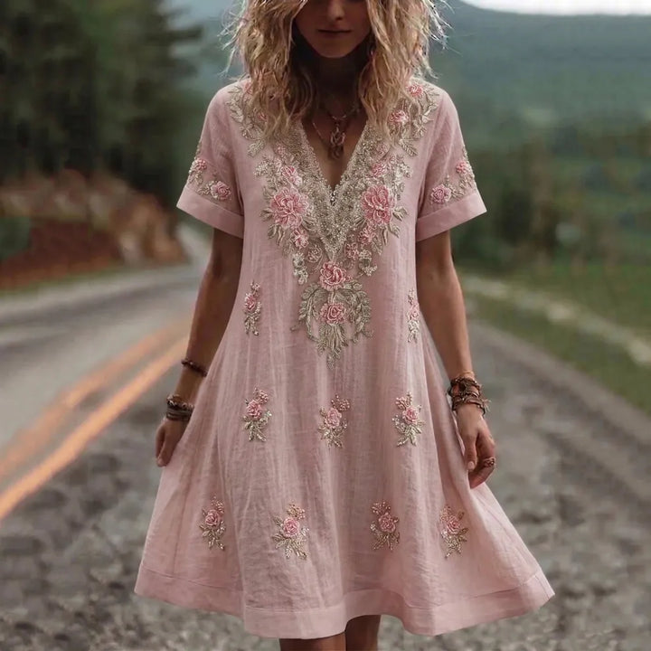 Vestido Mini Retro Con Arte Floral De Rosas Rosas - Manga Corta