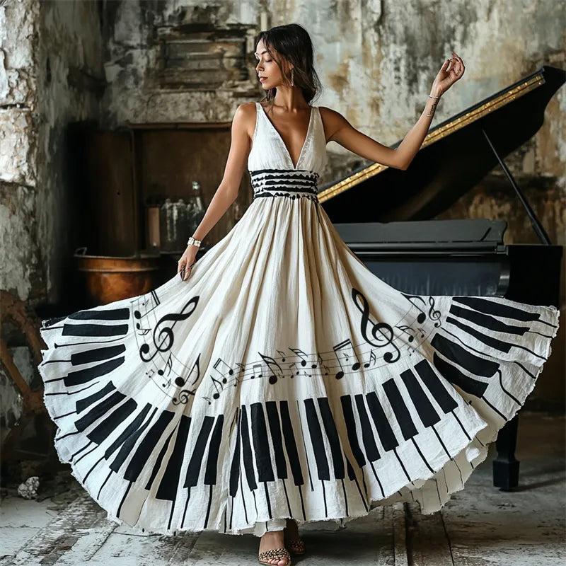 VESTIDO MAXI DE LINO FLUIDO CON ESTAMPADO DE NOTAS MUSICALES y PIANO