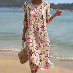 Vestido Vintage Suelto de Manga 3/4 con Estampado Floral en Mezcla de Lino