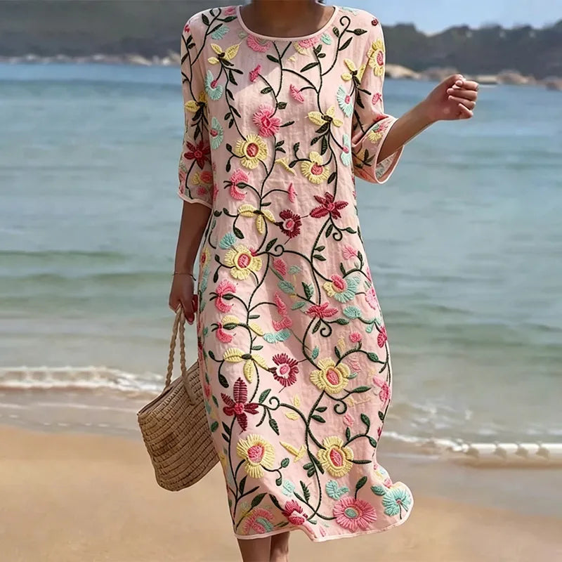 Vestido Vintage Suelto de Manga 3/4 con Estampado Floral en Mezcla de Lino