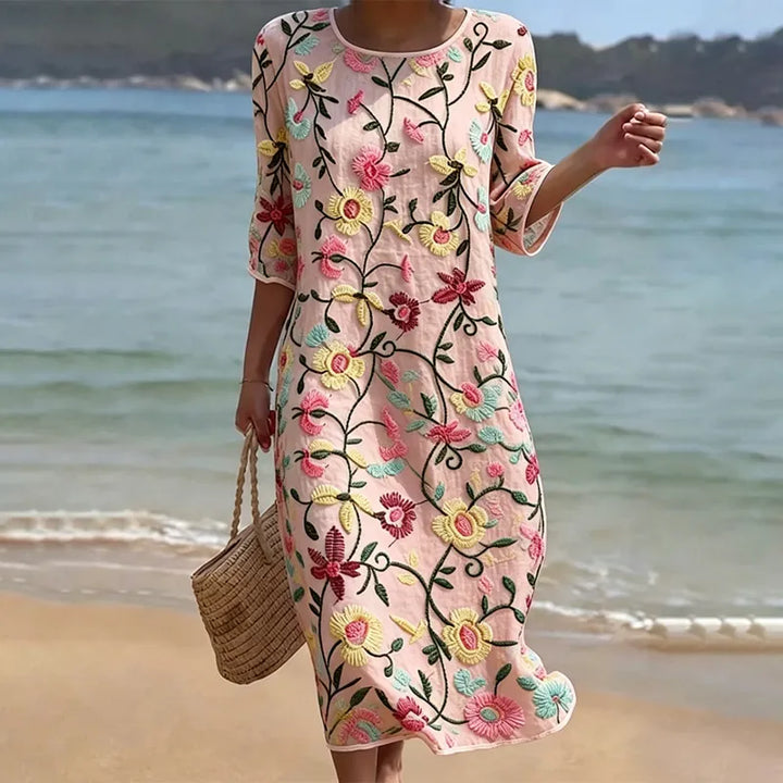 Vestido Vintage Solto De Manga 3/4 Com Estampado Floral Em Mistura de Linho