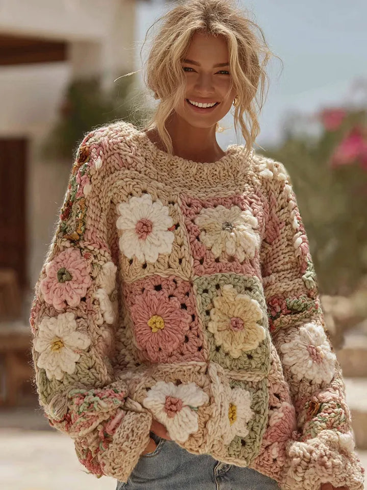 Suéter Boho Clásico Con Estampado De Cuadros De Abuela Y Flores De Ganchillo Para Mujer