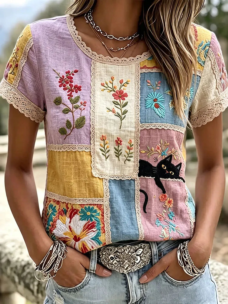Camiseta Vintage Hippie Gato Patchwork Bordado Lino Cuello Redondo