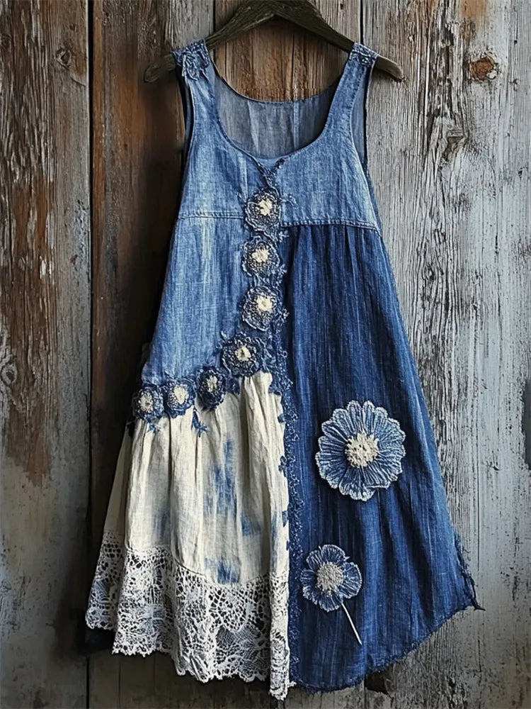 Vestido Alças Ganga Patchwork Renda Floral